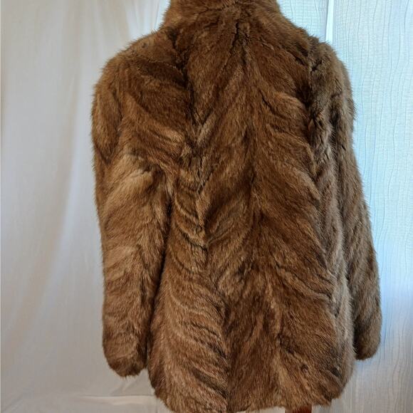 Thick Mink Fur Coat Sz M Brown Chevron Jacket Boxy Formal Wedding Winter Glamor - Picture 3 of 14